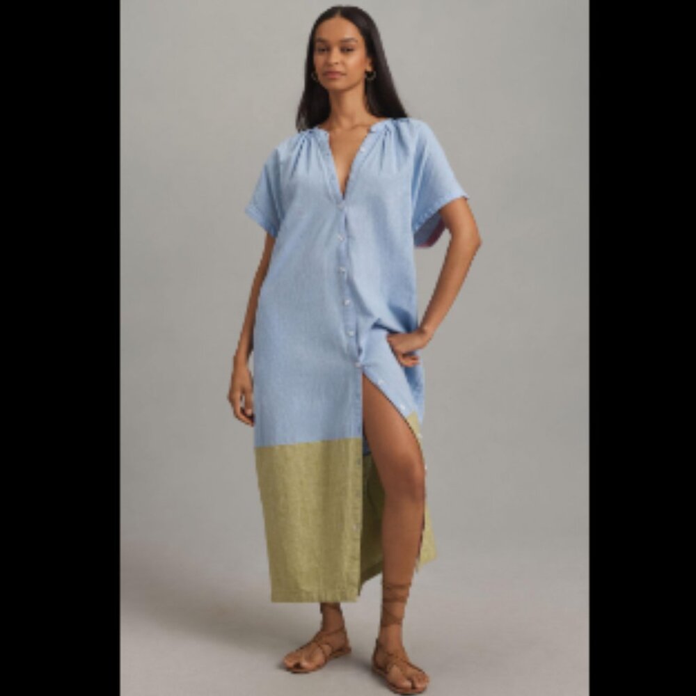Brand New By Anthropologie Short-Sleeve Collared Linen Maxi Shirt Dress